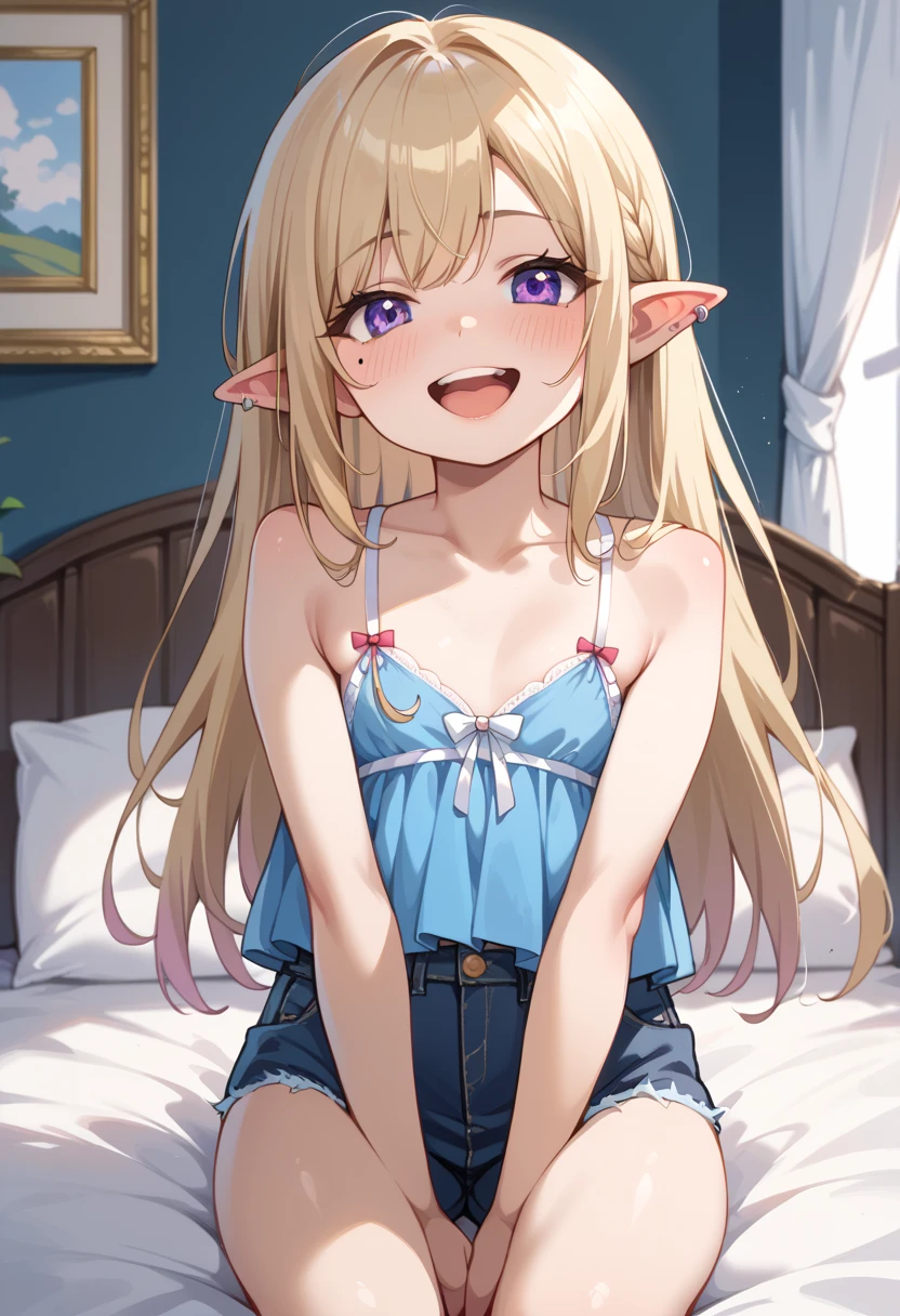 ((nsfw)), ((nude)), ((solo)), (( face)), ((petite:1.5)), glossy blonde hair, ahoge, happy smile, long hair, twin braids, elf, ((blush:1.5)), sitting on the bed, knees to chest, room, cum on breast, open mouth, white panties, full body, facial, white bra, blue eyes, beautiful detailed eyes, show off nipple