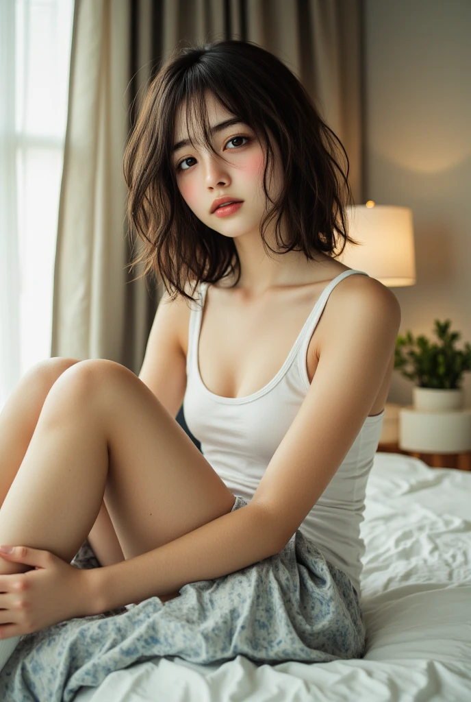 A woman posing in a white dress and a purple line dress、idol singer、stage、23 years old、Mei Nagano、(Natural and detailed face standing、beautiful and detailed eyes、beautiful and dense lips、very detailed eyes、detailed face、long eyelashes)(8K resolution)、High resolution、masterpiece:1.2 )、Super detailed、(real、photorealistic、photorealistic: 1.37)、princess cut、belle delphine、dress、8K、fantastic lighting、bright colors、squatting down