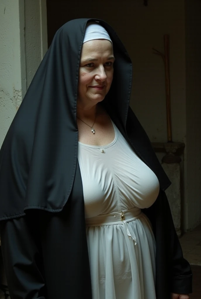 seventy year old, fat,dark hair, huge , creepy, scary, nun, horror theme, cult, , cult leader, worship, pale skin, stigmata, disappointed expression, nude hairy pussy