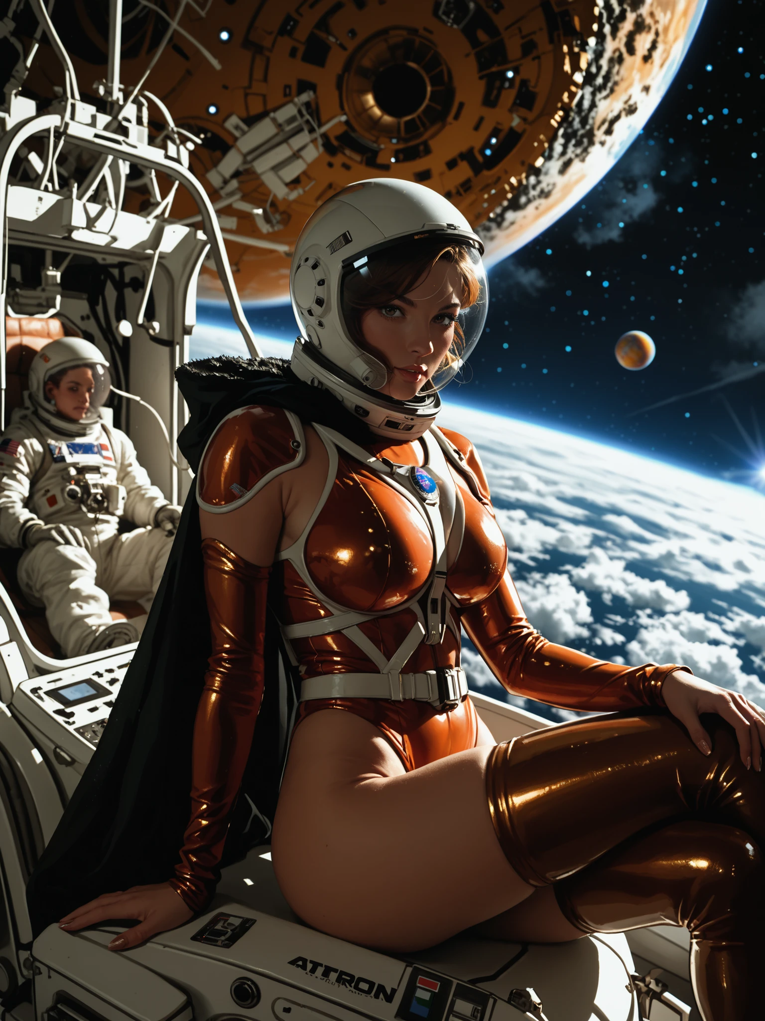 score_9, score_8_up, score_7_up, score_6_up, score_5_up, score_4_up, woman, sitting, holding a saturn planet, yellow and red outfit, leotard, large breasts, thighhighs, arm sleeves, black cape, astronaut glass helmet, looking at viewer, moving cloud, golden cosmic cloud, windswept,