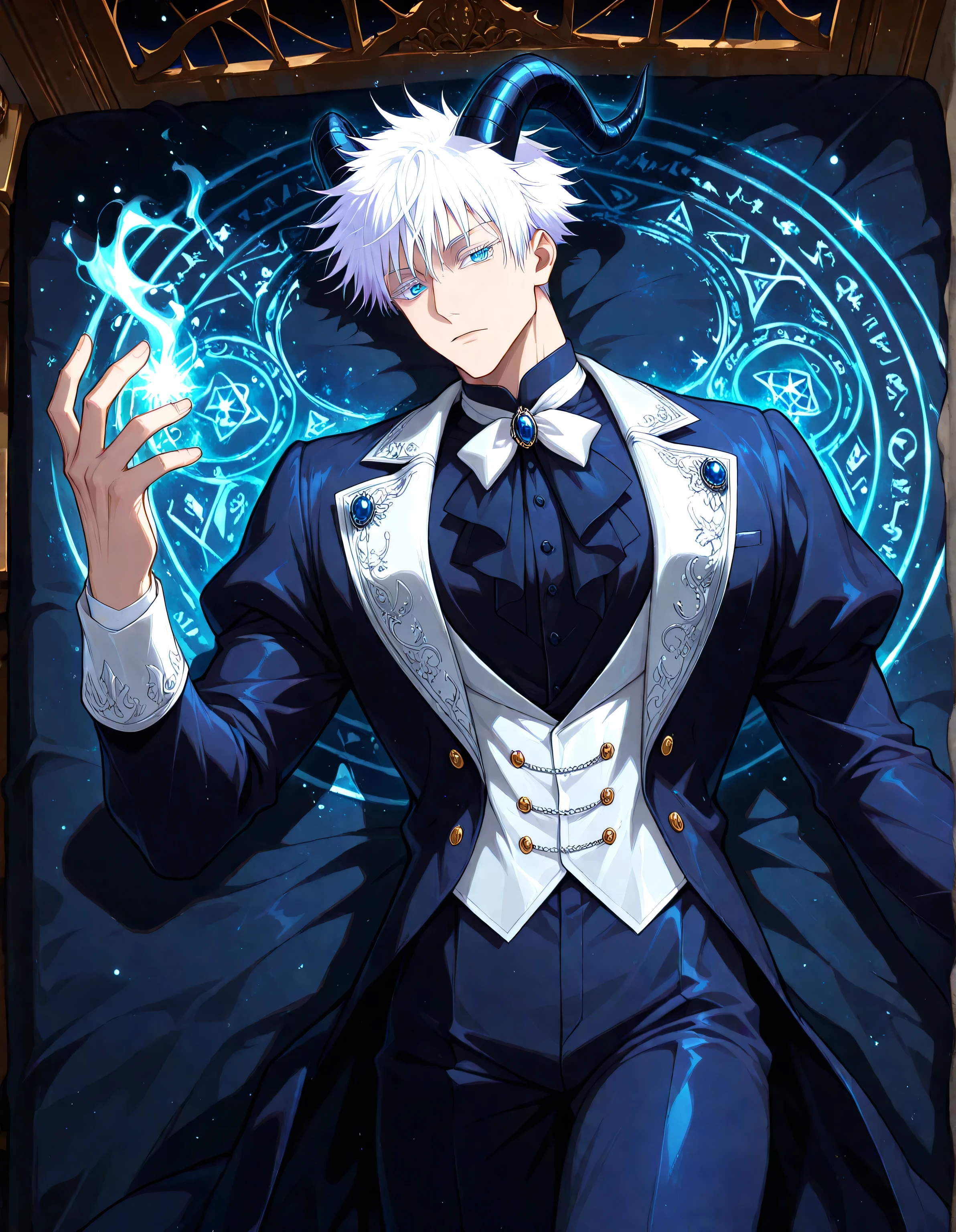 (masterpiece, best quality, highly detailed, mature) male, solo, 1man,adult, male focus, gojou satoru, jujutsu kaisen, blue eyes, white hair, short hair, sexy man, handsome face,  colored eyelashes, handsome face, beautiful face, beautiful colors, medium shot, victorian clothes, aristocrat, royal clothes, dark blue accent, indigo colored, indoors, serious, Egoat horns, white hair, horizontal pupils, beautiful male, dark background, night, castel, View from  above,Enchanted eyelashes, delicate, style, Anime, digital painting, soft shading, fantasy, Neon Pastel, Ethereal Art, UHD, best quality, high detail , dark aura glowing,  dynamic pose, lying, lying bored in bed, bored facial expression, castle interior, luxurious, glittering, shiny, sparkling, magical, particles, dark atmosphere, magical aura, playing with magic circle,