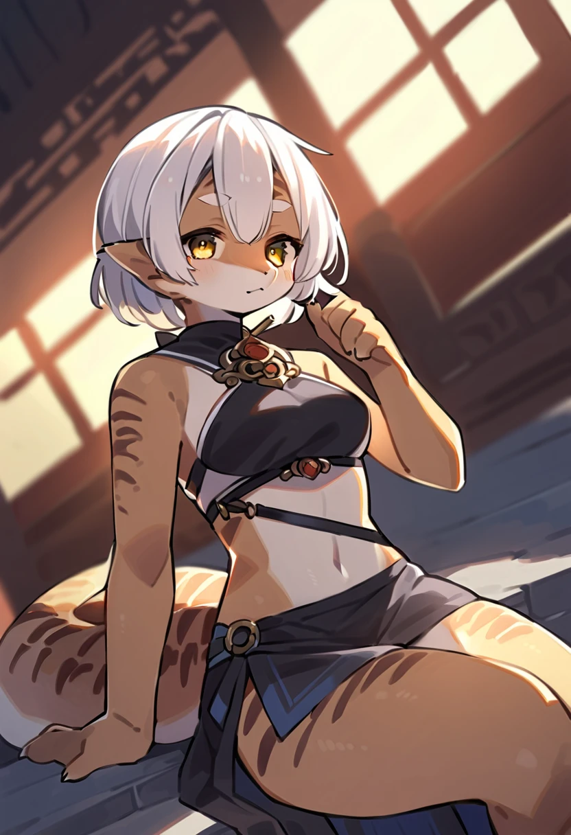 fantasy tavern background, 1girl, (dark skin) trap, illustration, wallpaper (flat chest:1.2) (large ass:1.3) (short person:1.2) (holding daggers in hands:1.3) (large crotch bulge:1.35) (shoulder-length white hair:1.5), goat horns, goat ears (loli:1.3) highly detailed, 4k, 8k, ultra-detailed face, best quality face, friendly smile, croptop, exposed stomach, thigh-highs, thong, adventurer