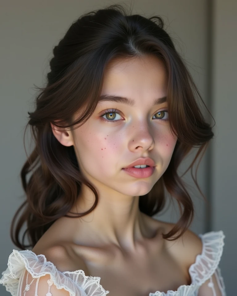 White doll nail, long straight brown hair, dark eyes, some freckles, long eyelashes