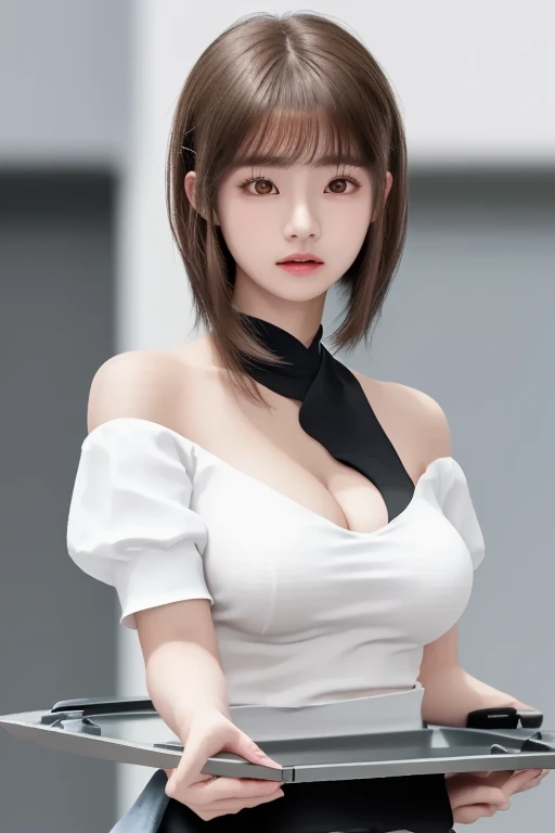 (8K, Photorealistic, Raw photo, of the highest quality: 1.3), (1girl in), Super beautiful, (Realistic face), (boyish, light blue Color Berry Shorthair),(8K, Photorealistic, Raw photo, of the highest quality: 1.3), (1girl in), Super beautiful, (Realistic face), (boyish, pink Color Berry Shorthair), Beautiful , Glare that captivates the viewer, Beautiful expression, Beautiful breasts, (Realistic skin), Be...Create a detailed and colorful image,with a magical fantasy background、25years old, one lady,cute, perfect face, beautiful, nice body, double eyelids, tear bags, Detailed down to the fingers, photo-like description, indoors, dim indoor lighting,standing, whole body, composition that shows the whole body, smiling,The Both of them are wearing the same type of maid outfit,Optimal ratio of 4 fingers and 1 thumb,A female secretary with a high ponytail, purple hair, black pantsuit, black jacket, white shirt, cleavage visible, black pumps, and small horns growing on her forehead.