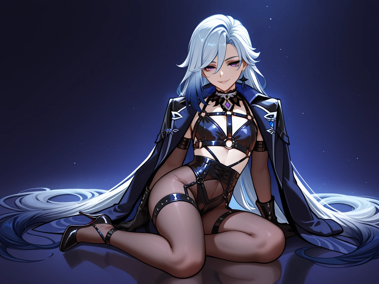 morgan le fay, fate/GrandOrder, belly, navel, stomach, sideboobs, thigh, (ultra high quality), detailed, 8k, masterpiece, looking viewers, medium breast, perfect face, silver hair, blue eyes, sit in thorn, background palace, sharp eyes, legs crossed