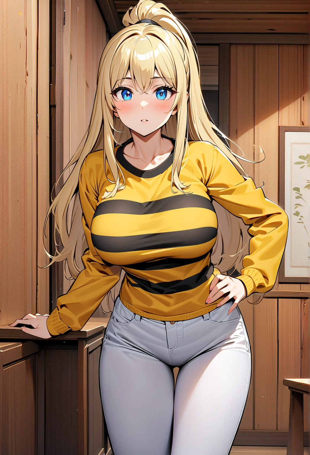 a picture with the sexy anime woman in her yellow bikini pantyhose with white top hat, 1girl, solo, breasts, braid, hat, blonde hair, cleavage, baseball cap, looking at viewer, twin braids, long hair, jacket, collarbone, open clothes, pants, blush, hair ornament, white shirt, hairclip, shirt, open jacket, bangs, shirt tucked in, long sleeves