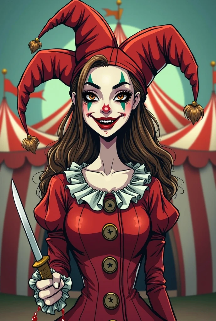 Woman dressed as a clown painted her face like a little clown with a big psycho smile and blood on her face with a knife in her hand with a fat butt