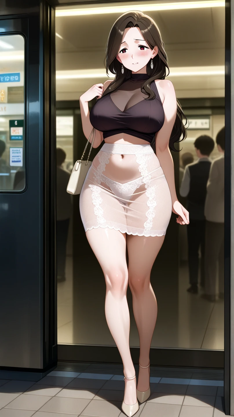 Masterpiece, Best Picture Quality, (Realism, Realism: 1.37), Suyu, Full Body, 1Girl, Breasts, Solo, Cleavage, Sexy Bold Wear, Lace Black Socks, High Heels, Looking at the Audience, Seductive Expression, Brown Hair, Ponytail, Standing