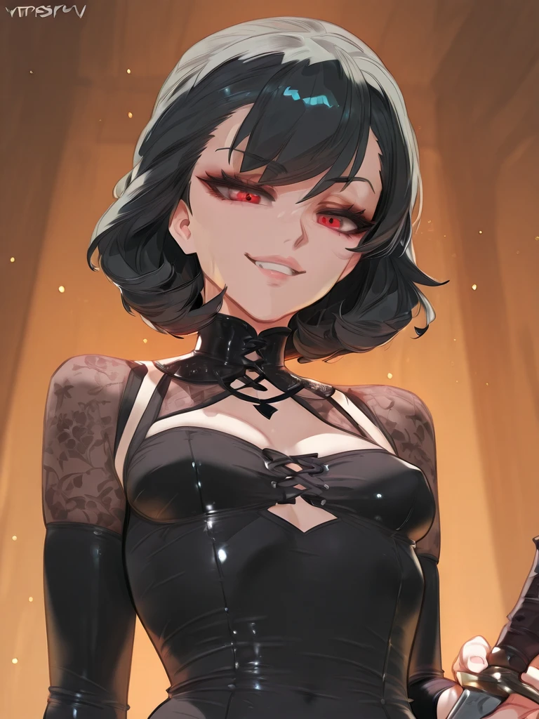 Eliza From Tekken, short black hair with bangs past her shoulders, short hair at the back of her head, sexy look, soft gothic makeup on her eyes, purple lipstick, casual light blouse with low neckline, short black skirt made of light fabric, sensual pose, in the room with lighting gentle on the environment