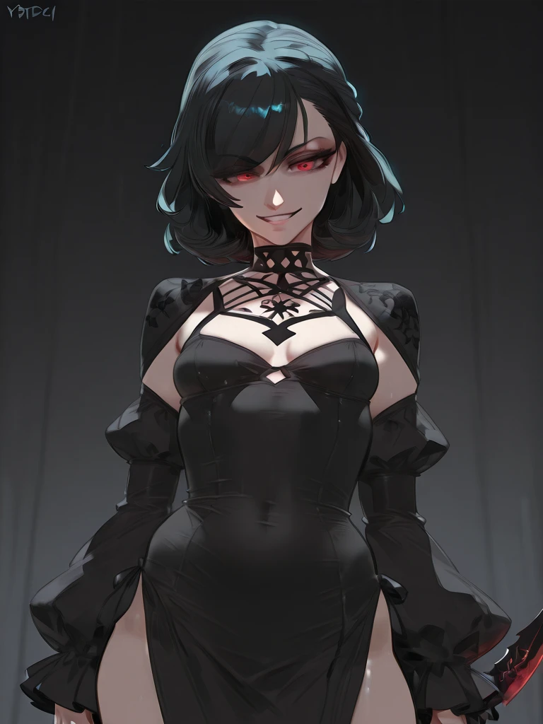Girl with modern gothic makeup, fair skin, long legs, black eyeshadow, camisole, sexy figure, earrings and lip studs, fishnet stockings, posing in an attractive pose, lovable expression