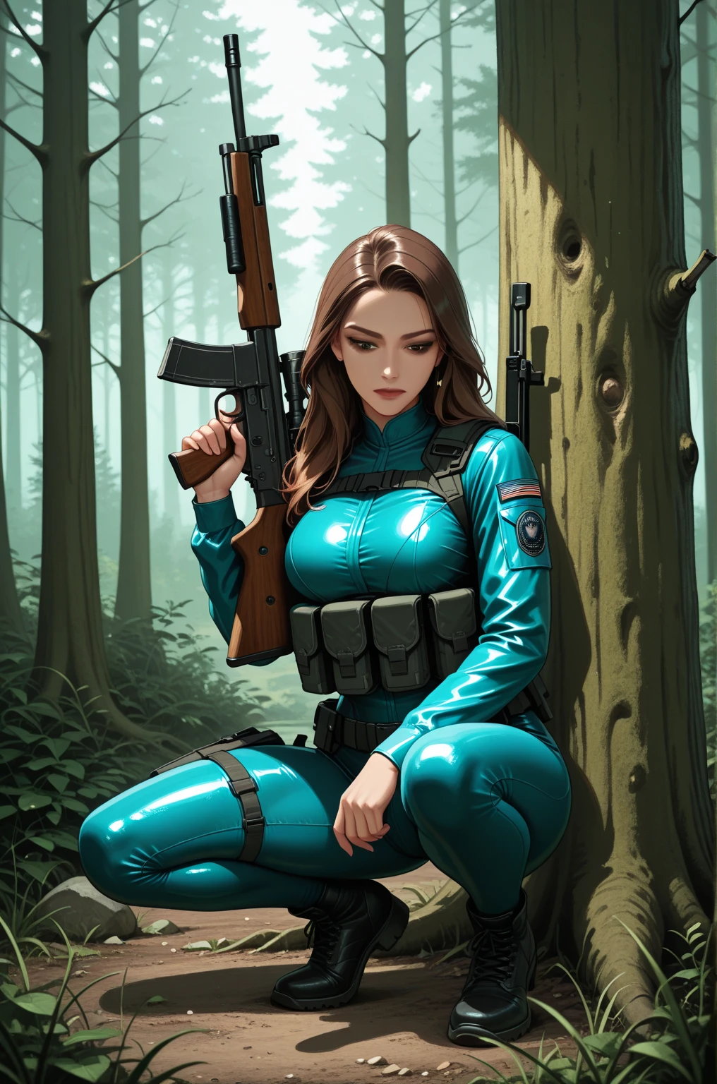 Star Wars (Lalisa Manobal, age 25, sexy combat outfit, very detailed blaster pistol) is a Rebel mercenary raiding an imperial convoy in a jungle. Action pose