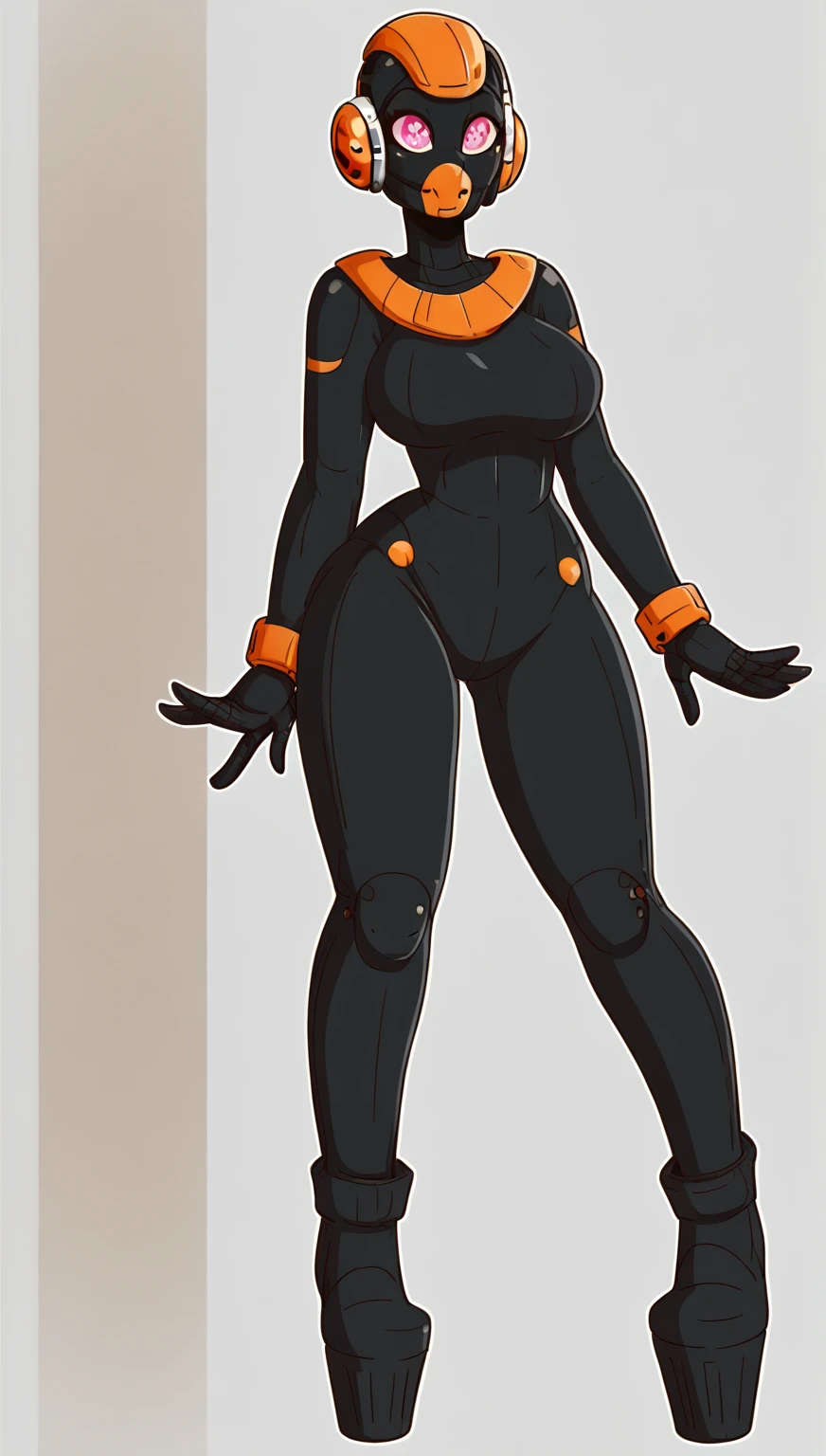 Full body, masterpiece, 4k, high quality, beautiful lighting, dynamic lighting, smooth detailed skin, black leotard, long sleeve leotard, exposed legs, long black hair, smiling, seductive smile, blush, young, very short hair blue, loli, camel toe, sexy, seductive, highly detailed, shiny skin, dark plain background with orange gradient, plain background, cyberpunk style