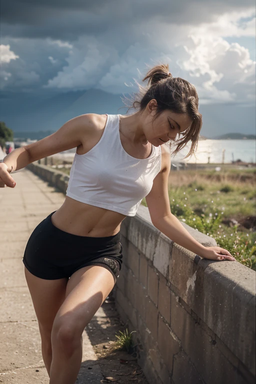 high school girls, sweating, blunt bangs, baggy running shorts, crop top, ((armpits, sideboob, full body view)),  strong back light, soft atmospheric light, soft fill light, wide aperture lens, frustrated, f/1.8, bokeh, anatomically correct,