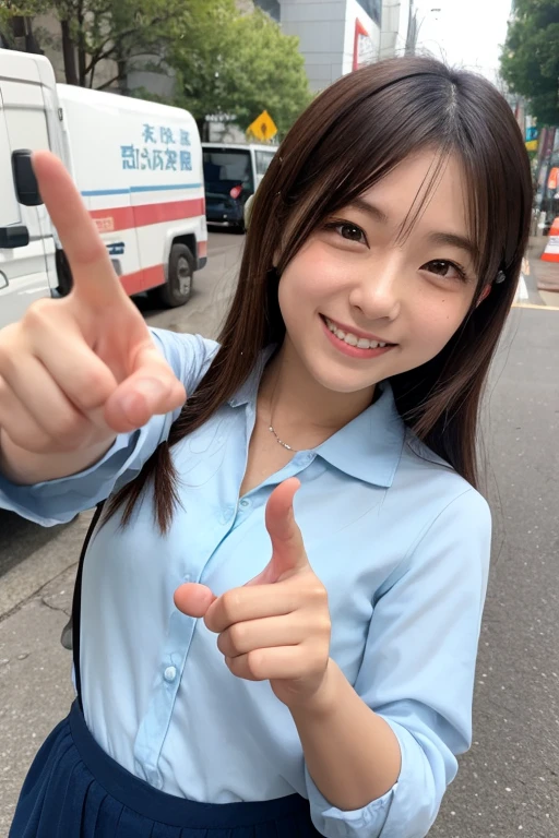 (One girl),large chest, chest, Sunburn, Fresh skin, Sweaty skin, Wavy Hair, Punk T-shirt, Punk Girl, city street , Hair blowing in the wind,big eyes , huge shy smile , Pointing at the audience