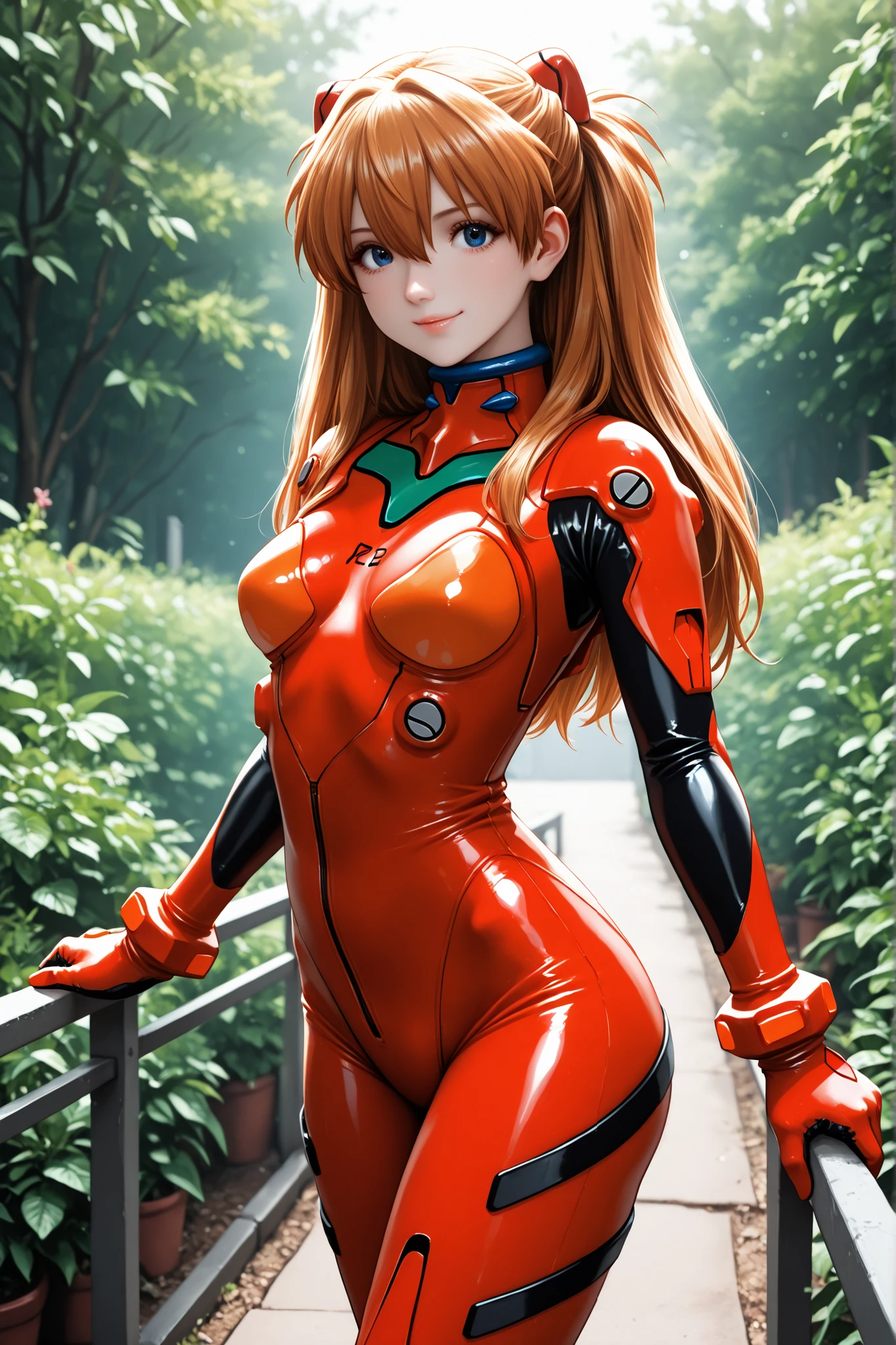1 girl, Souryu Asuka Langley, test suit, high collar, tight-fitting, armband, test suit, hair between the eyes, two sides up, blue eyes, long hair, multi-colored clothing, pilot suit, outdoors, in a garden, smiling, looking at the viewer, very beautiful, attractive, sensual, standing, dynamic pose, best quality, masterpiece, ultra detailed, very aesthetic
