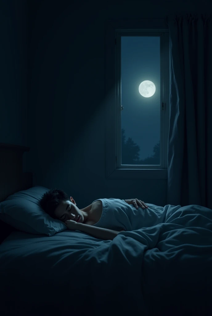 Bed with moon in window dark man pain