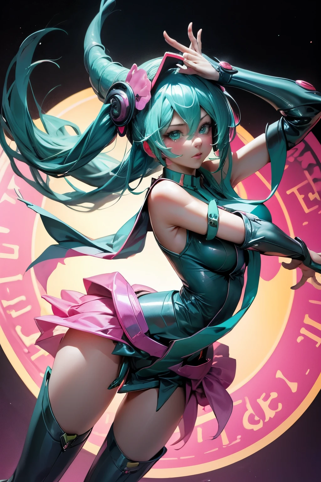 Hatsune miku , blue hair , red lips , red dress to the knees , golden headband , crystal slippers , dancing in the moonlight , image in 8k wallpaper --auto --s2