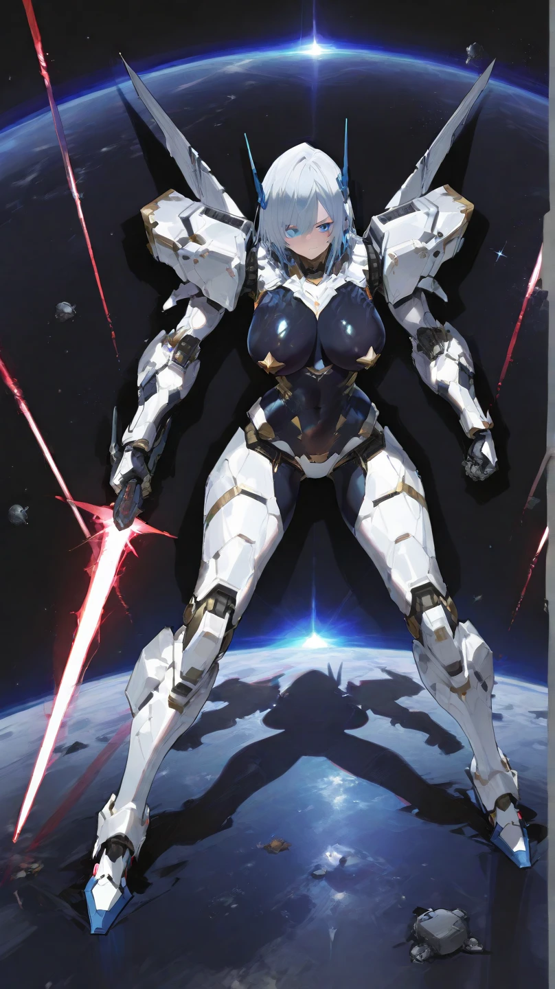 (masterpiece),(highest quality),A sci-fi battle girl wearing large weaponized armor is under attack,Armor parts break and fly apart,Damage Representation,pain,Large Breasts ,Exposed Skin,((whole body)),smile,Mechanical Wings,Giant sword,Big Leg attachments,Gundam,Armed Shinki,Busou Shinki,Kantai Collection,Frame Arms Girl,Alice Gear Iris,Symphogear,Trigger Animation Style,Anime Beautiful Girl,