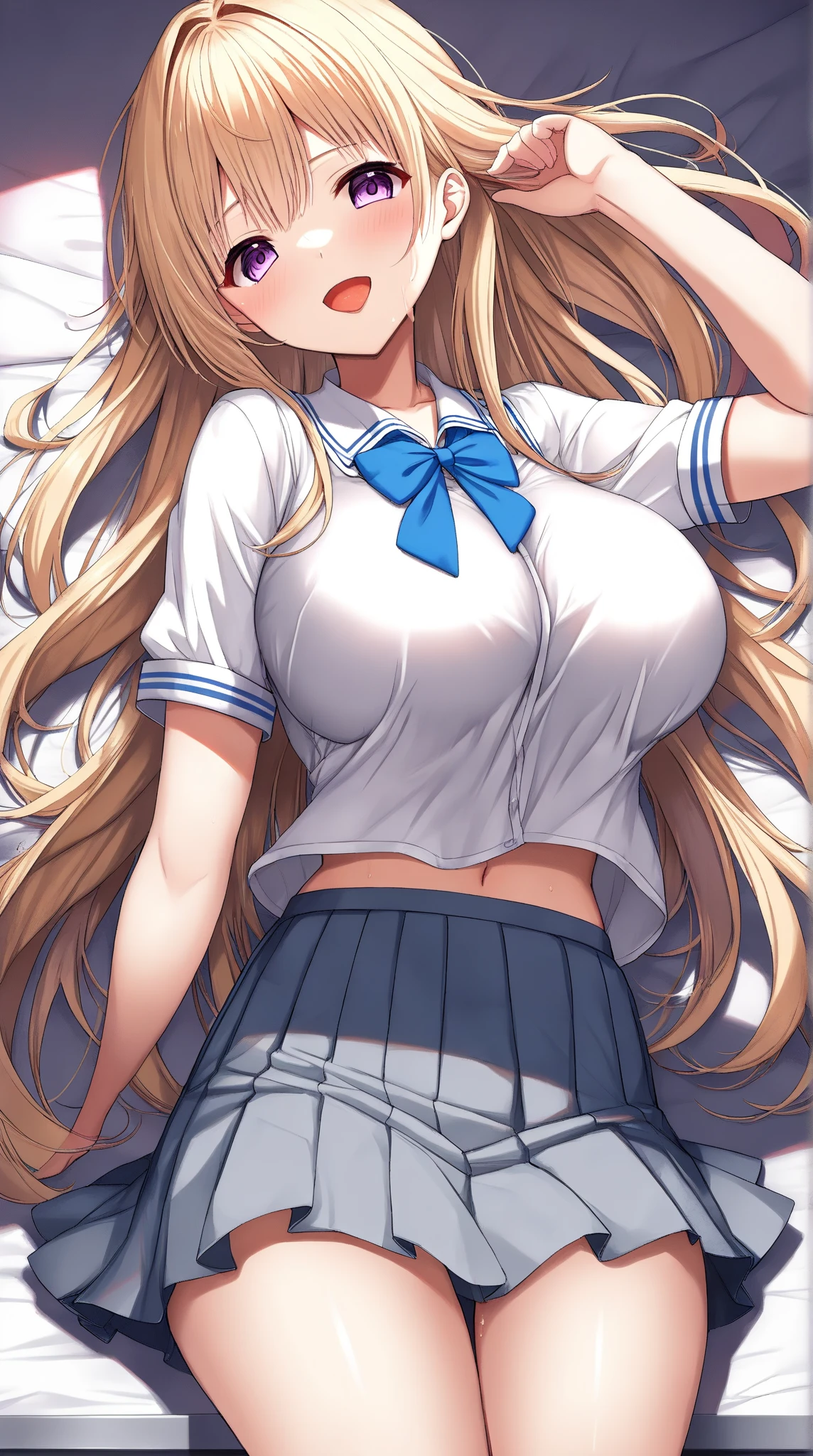 Angle from directly below、Glare、A look of disdain、(Anime works, Anime Style, Studio Anime, Very detailed, Latest, Vibrant, Anime Coloring, High Contrast, masterpiece:1.2, Highest quality, Best aesthetics), A woman wearing a sailor suit, Pleated skirt,Skirt flip、 Big Breasts, hair accessory, Thighs glimpsed,White see-through panties、Leg spread、 blonde, Straight long hair, Perfect proportions, Skin with attention to detail, cute, Detailed face, Random sexy poses, School classroom, Accurate Fingers,