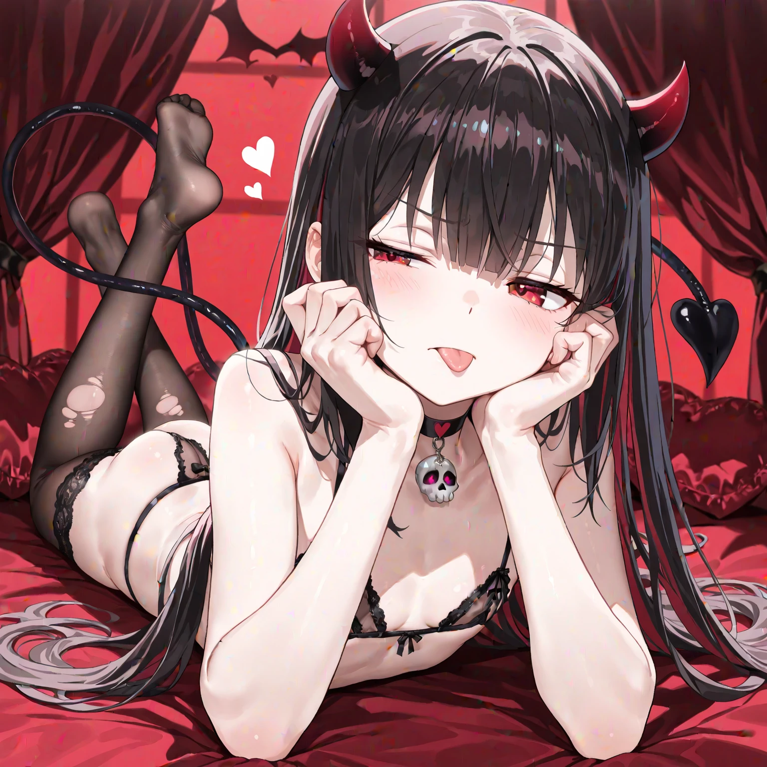 1girl,solo,Lying down, all fours, close-up of the brast,cowboy shot,
, from front,
, heart cutout, black panties, mini bra, black bra, black hair, red eyes, short hair, (grab own ass), pervy, lewd expression, red eyes, demon horns, big breast, big curves, small waist, round shape ass, big ass, slut eyes, blushed face, (all fours)