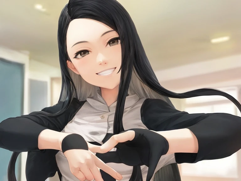 High quality, high quality, Japanese anime touch, one woman, sharp outline, long black hair, bandaged cosplay,
Cute pose, facing this way,