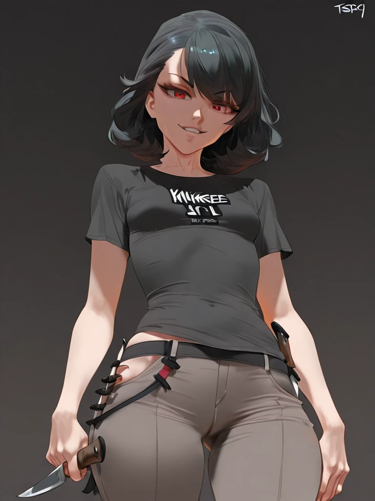girl, wearing a black t-shirt and sweatpants, short black hair