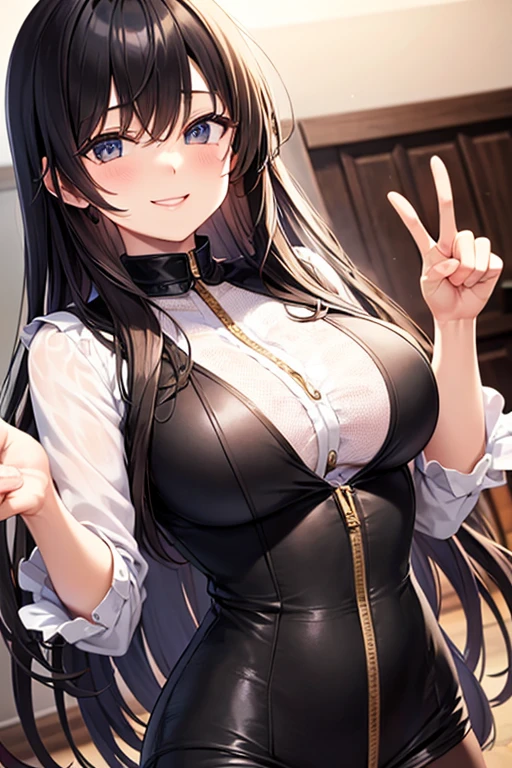 masterpiece, best quality, against backlight at dusk, on a hill, game_cg, girl, very long hair, black hair, colored inner hair, straight hair, side braid, bangs, hair over breasts, hair flower, butterfly hair ornament, cute face, gradient_eyes, beautiful detailed eyes, looking at viewer, seductive smile, half-closed eyes, huge breasts, miniskirt, school uniform, white kneehighs, shoes , necklace, hand on own chest, turning around, leg_lift,