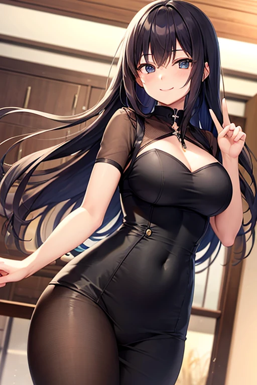 one Rebecca wearing black clothes, in a cafe, long brown hair, blue eyes, smiling seductively, [ 4 k digital art ]!!, seductive anime girl, deviantart artstation cgscosiety, trending on cgstation, 8k high quality detailed art, photorealistic anime girl render, kawaii hq render, commission for high res, thicc