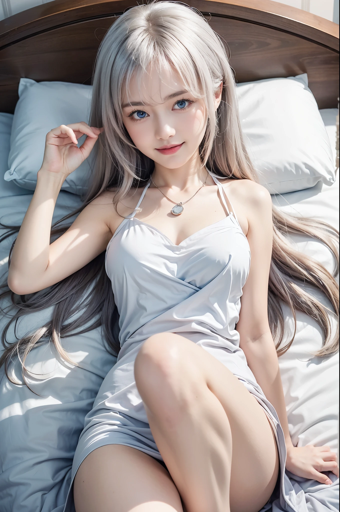 One girl, High resolution, 14 years old、solo、Blushing, Sticking out tongue, Medium Hair, Blue Eyes、Deformation、Character Design, Long Hair, Grey Hair, anime, anime風, Looking up、negligee、Sitting with legs crossed、Bed、camisole、Height: 140cm、Looking up、