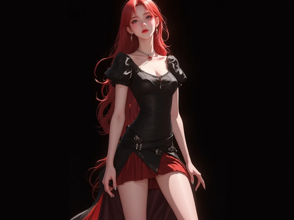 1girl, artist_name, bare_shoulders, black_nails, collarbone, commentary, dark, earrings, fantasy, hair_between_eyes, highres, jewelry, long_hair, looking_away, looking_to_the_side, mole, nail_polish, necklace, nixeu, off_shoulder, original, parted_lips, realistic, red_hair, ring, ringlets, scenery, simple_background, solo, tattoo, upper_body, yellow_eyes