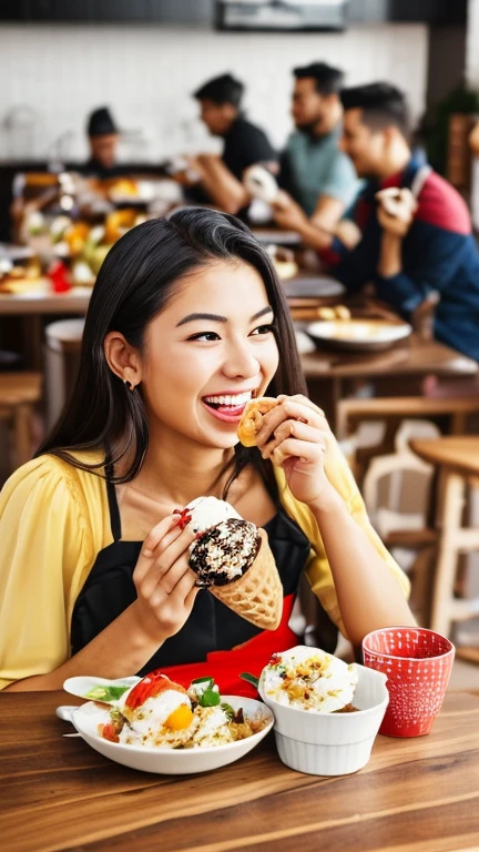 8k, highest quality, ultra details, hispanic girl, having a picnic in a sunlit park, sharing laughter and food with friends, creating lasting memories.