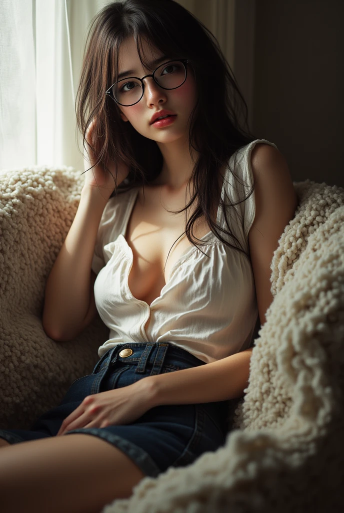 (masterpiece, photorealistic:1.4, extremely intricate:1.3), (photon mapping, radiosity, physically based rendering, ultra resolution, hyper-realistic, photorealistic:1.4, hyper-realistic, 8K), ((detailed athlete woman, (25 years, soft loose red black print shirt, unbuttoned, decolletage, jeans, [ginger hair:dark hair:0.2], touseled hair, [medium breasts:small breasts:0.8]), sitting, velvet couch, ([clear eyes:blue eyes:0.6], necklace, glasses), [makeup:natural:0.5], elegant:1.1), BREAK, (((bokeh, Fujifilm, volumetric dim)))