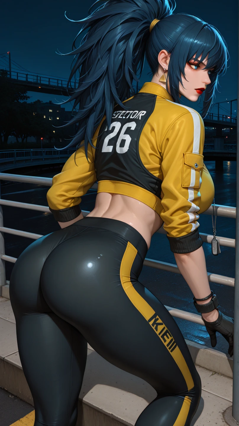 4K, A high resolution, Best quality at best, masterpiece, perfect colors, perfect shadow, perfect litthing, ((sportrait)), 1woman, fit-muscled body, bright yellow eyes，rounded ass, dark blue hair , blue eyes, With round lenses, detail in eyes, The audience watched carefully, (s face: 1.2), Perfect female figure, ((standing)),  ((neon green Tight crop top leather suit)), ((shy and looking at viewert)), (Perfect thick white eyebrows) Delicate fur, 详细s face, s the perfect face, At a  fantasy industrial city , (model pose standing), energetic background, perfect  city skyscape,  lighting atmosphere, ((Bonifasko lighting)), (The round lenses on his eyes)(詳細な目), Perfect student, face close up