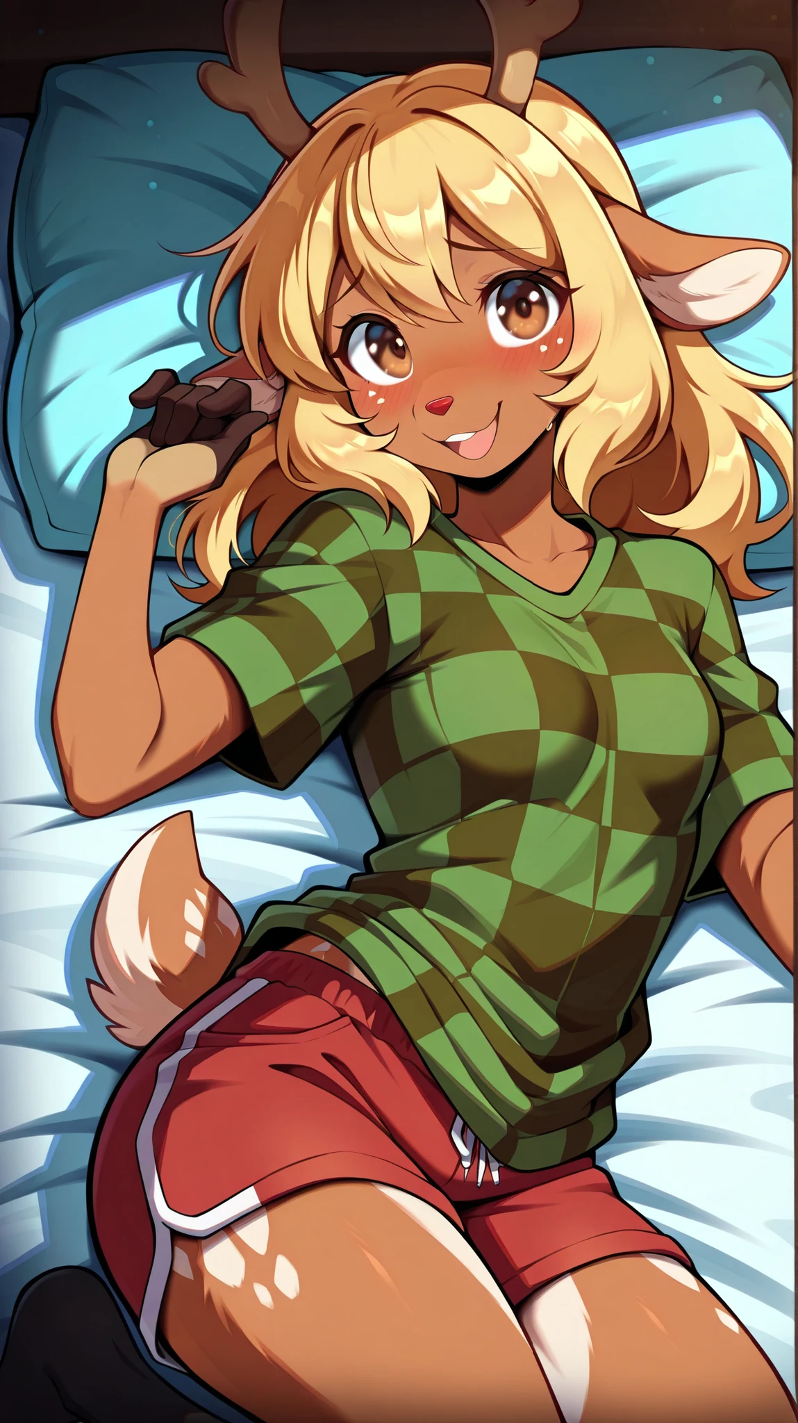 masterpiece, best quality, anime, deer girl, noelle_holiday in green-red checkered baggy shirt, red shorts, no shoes, long blonde hair, hoofs, anthro, brown fur, against a background of bedroom, night, brown eyes, looking at viewer, lying on bed, white freckles, snout, red nose, antlers, blush, smile, cowboy shot, small breasts, soft shadows, safe rating, open mouth