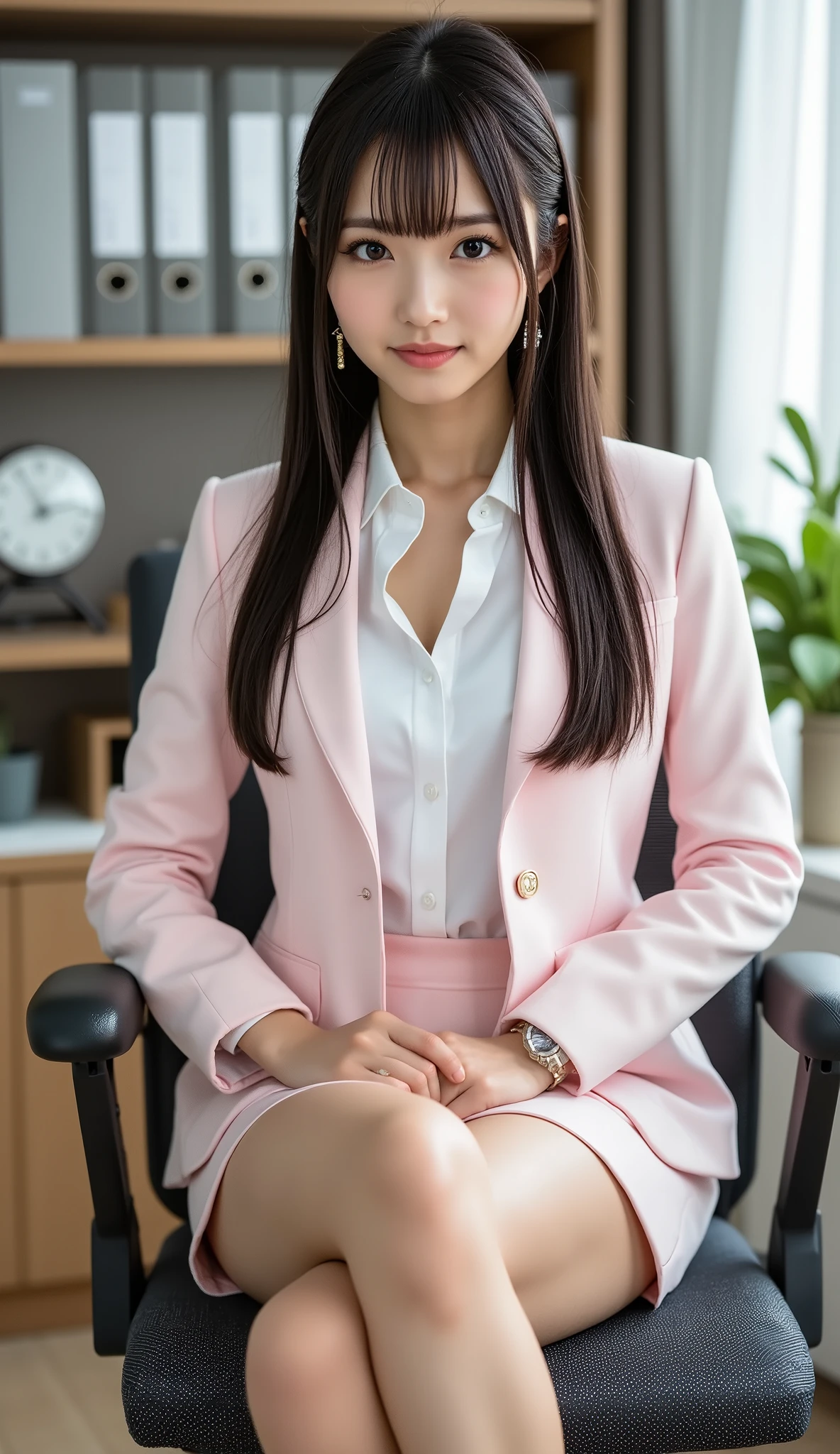 (full body image:1.5), (From the top of her head to the tips of her feet :1.5), (Beautiful leg line from thighs to high heels:1.5), Sleek long black hair , Professional Office Lady with Long Dark Hair,  is sitting in a chair with her legs crossed, The height of the chair is 60cm, Highest Quality, detailed eye and skin textures, Studio Lights, 30 years old,  dark eyes, elegant, medium chest, plump lips, earrings, light pink tight suit, white blouse, miniskirt, brown pantyhose, high heels, name tag, long sleeve,  slight motion blur , light motion blur, side view, Focused Expression, full body, (put your shins or toes or high heels:1.5),