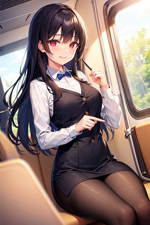 Women's Office Suits、Black straight long hair ,sitting in a train seat, Tuck your hair behind your ears、front、Lace panties, Tight mini skirt, Black pumpasterpiece, Highest quality、Daytime