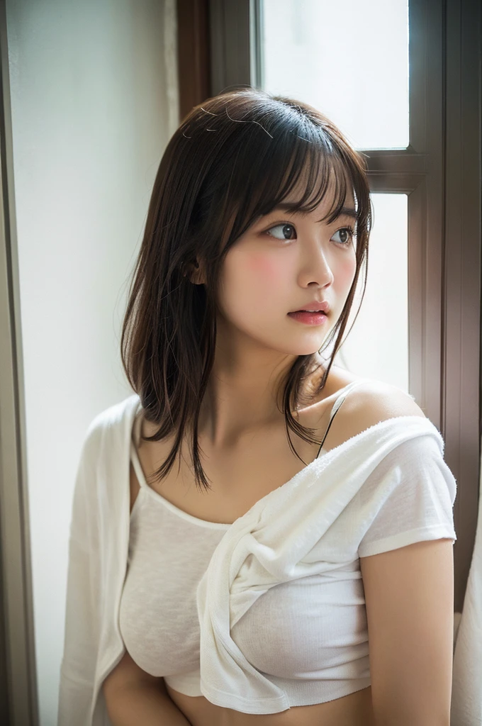 lens: 135mm f1.8,(Highest quality), (Beautiful 14 year old Japanese girl), (Moisturized lips), Narrow eyes, double eyelid,Delicate clavicle,Flat Chest,Very short hair,
(Let me me me me'Let me me me'Let me me'Let me'Let's take another look), shame, A faint smile,
(In front of a white wall:1.2), Professional Lighting,
(Japanese 、White T-shirt), (Sunburned skin:0.2),Full body photo、Full Body Focus、Sit on the sofa、a nervous expression