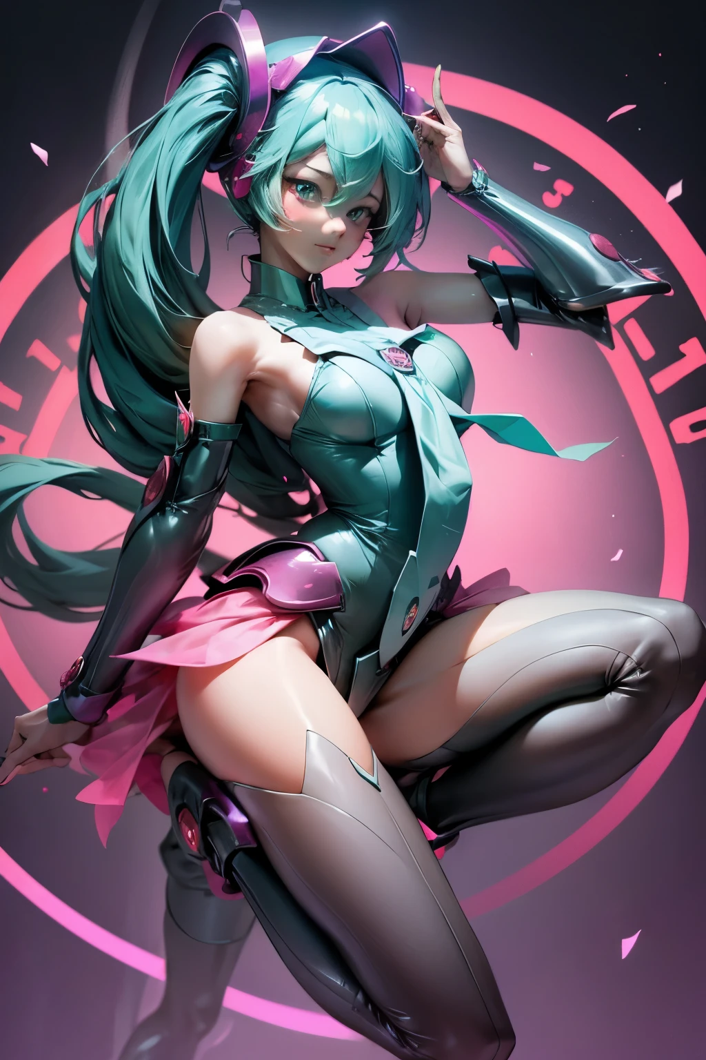 Hatsune Miku disfrazada de dark magician gils. Pose sexy y sensual. Grandes tetas. Disfraz de dark magician gils