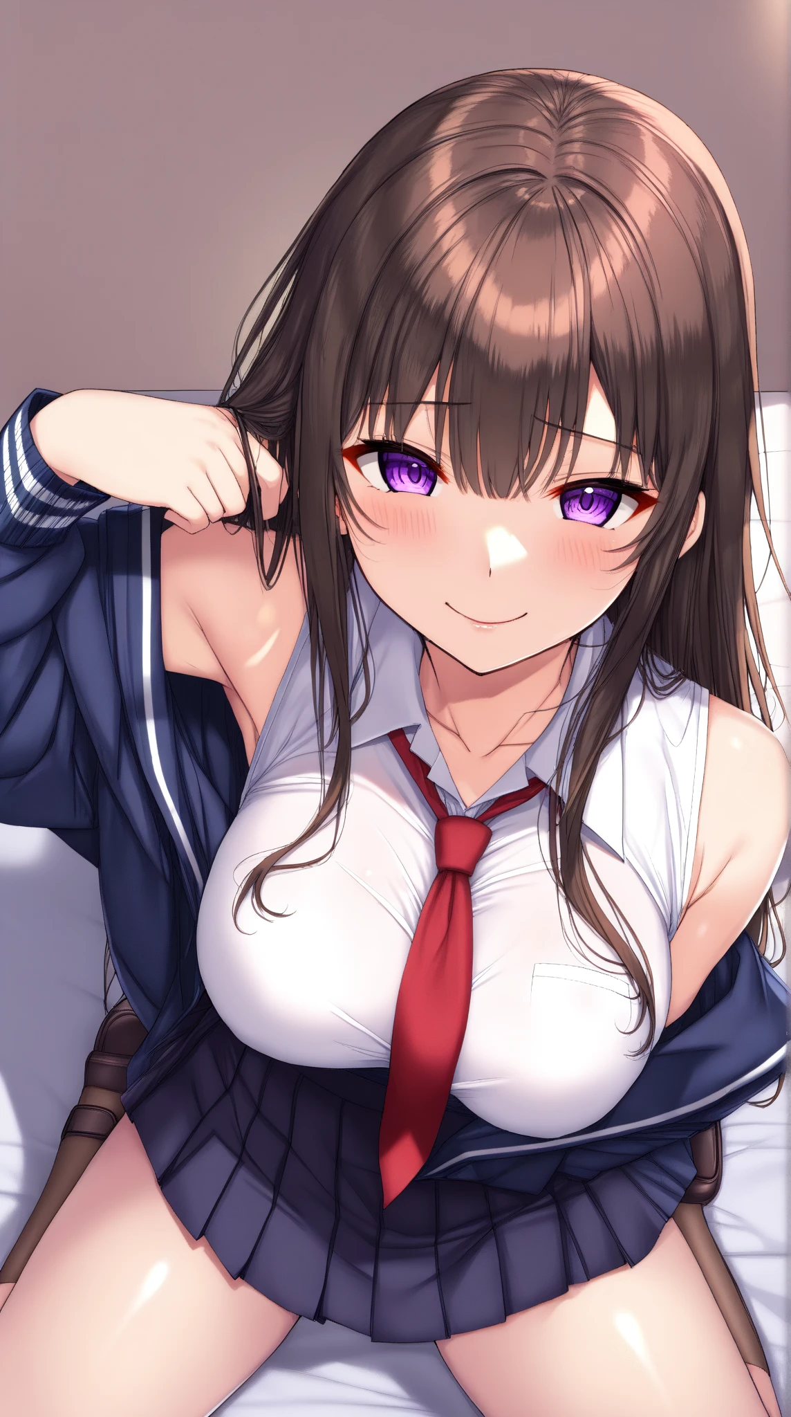 close POV, young girl, light-brown purple golden color palette, black hair with light golden shine, eyes sparkling, rings around eyes, two-tone black and red, smiling at the camera, elegant pose, looking at the viewer, heroic and matural facial features, long eyeslashes, sharp eyebrows and eyes, vivid stained glass window background, character portrait, drawn in medibang paint, 4k wallpaper, aesthetic, masterpiece, award-winning photography, macro photography vivid colors, photorealistic, atmospheric, cinematic, moody, rule of thirds, majestic, detailed, perfect anatomy, library, sunlight, warm light afternoon, toothy smile
school uniformed, grey shirt and red tie, sharp focus, hyper detailed, detailed eyes, eyes focus, (illustration:1.1), highres, (extremely detailed CG unity 8k wallpaper:1.1), (mid shot1.25), (portrait:1.25), (solo:1.2), 1girl, (beautiful face:1.15),
(nixeu_soft:0.7), (nixeu_white:0.7),