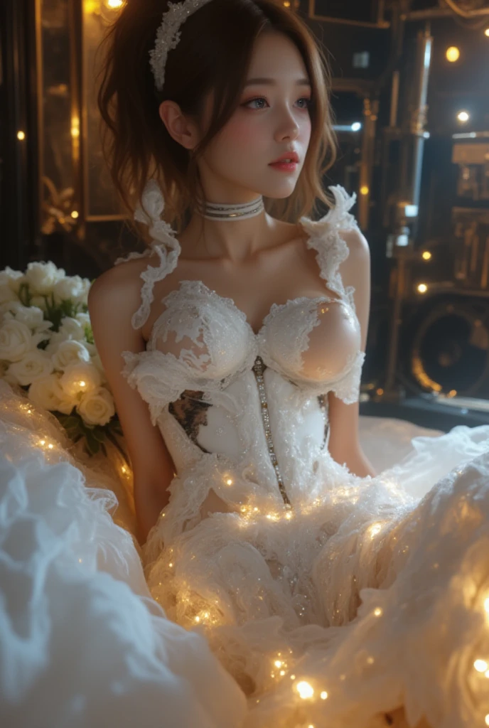 masterpiece, best quality,dutch angle,realistic, super detailed, ultra detailed, extreme detailed, extremely detailed, ultimate detailed, hyper detailed, beautiful eyes, beautiful hair, beautiful face, beautiful skin,full body, slim abs ,shiny skin ,ultra-detailed face, detailed eyes, lustrous lips,nsfw(1girl, solo),18 years old,pubric hair(small body,small breast)amelia watson,blonde hair, blue eyes, choker, short hair, realistic eyes,wet clothes,translucent,transparent,dripping,wedding dress,garter belt,socks,embarrassed,standing, BREAK holding flower,pison,Prison,gaol,underground,dark,