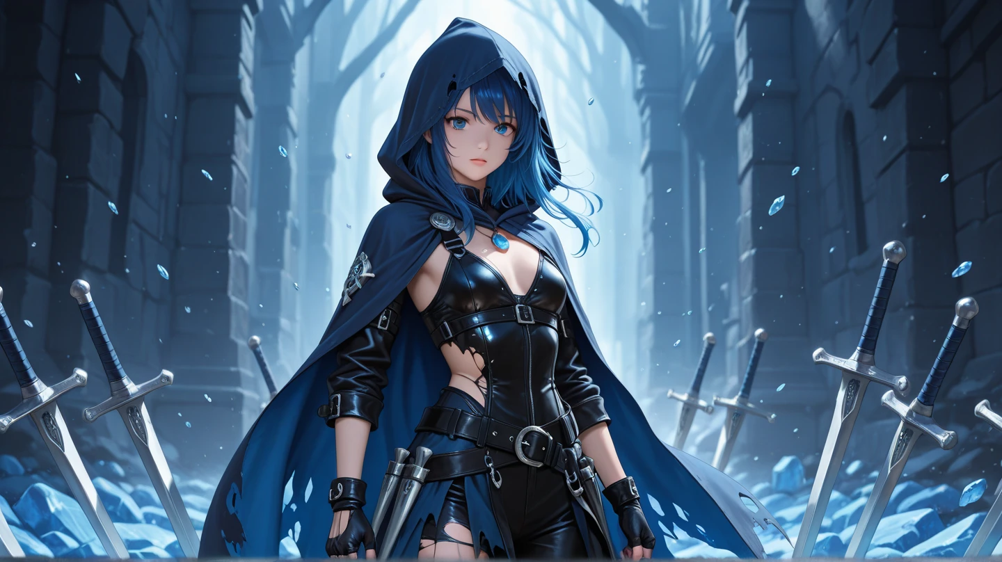 masterpiece, best quality, 1girl, solo, blush, (blue_hair:1.34), (messy_hair), (hair_over_one_eye), (light_blue_eyes:1.34), black cloak, animal_ear hoodie, hood up, corset, white_blouse, black_boot, shameful, shy, close mouth