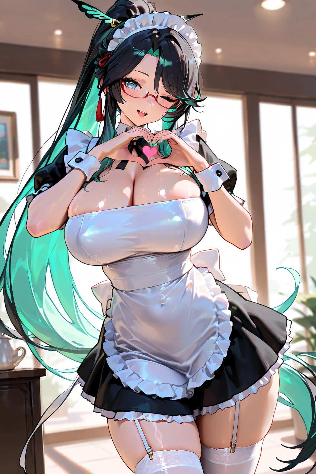 High quality, masterpiece, ultra-detailed, 1girl, bunny maid outfit, solo, peaceful expression, long black hair, enchanting eyes, blue and green eyes, heterochromia, bunny ears, ridiculously large breasts, shiny skin, bedroom, heart-shaped balloons