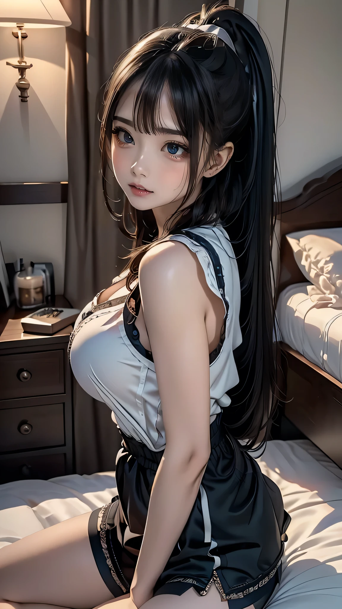 a beautiful girl with long black hair, piercing blue eyes, adult female body, sitting on the bed in a room, facing the camera, in a sexy pose, wearing hair ties, short shorts and a low-cut blouse that shows off her big breasts and ass, perky ass, ponytail (best quality, 4k, 8k, high resolution, masterpiece: 1.2), ultra-detailed, (realistic, photorealistic, photorealistic: 1.37), eyes and face extremely detailed, long eyelashes, detailed hair strands, detailed fabric textures, dramatic lighting, warm color palette