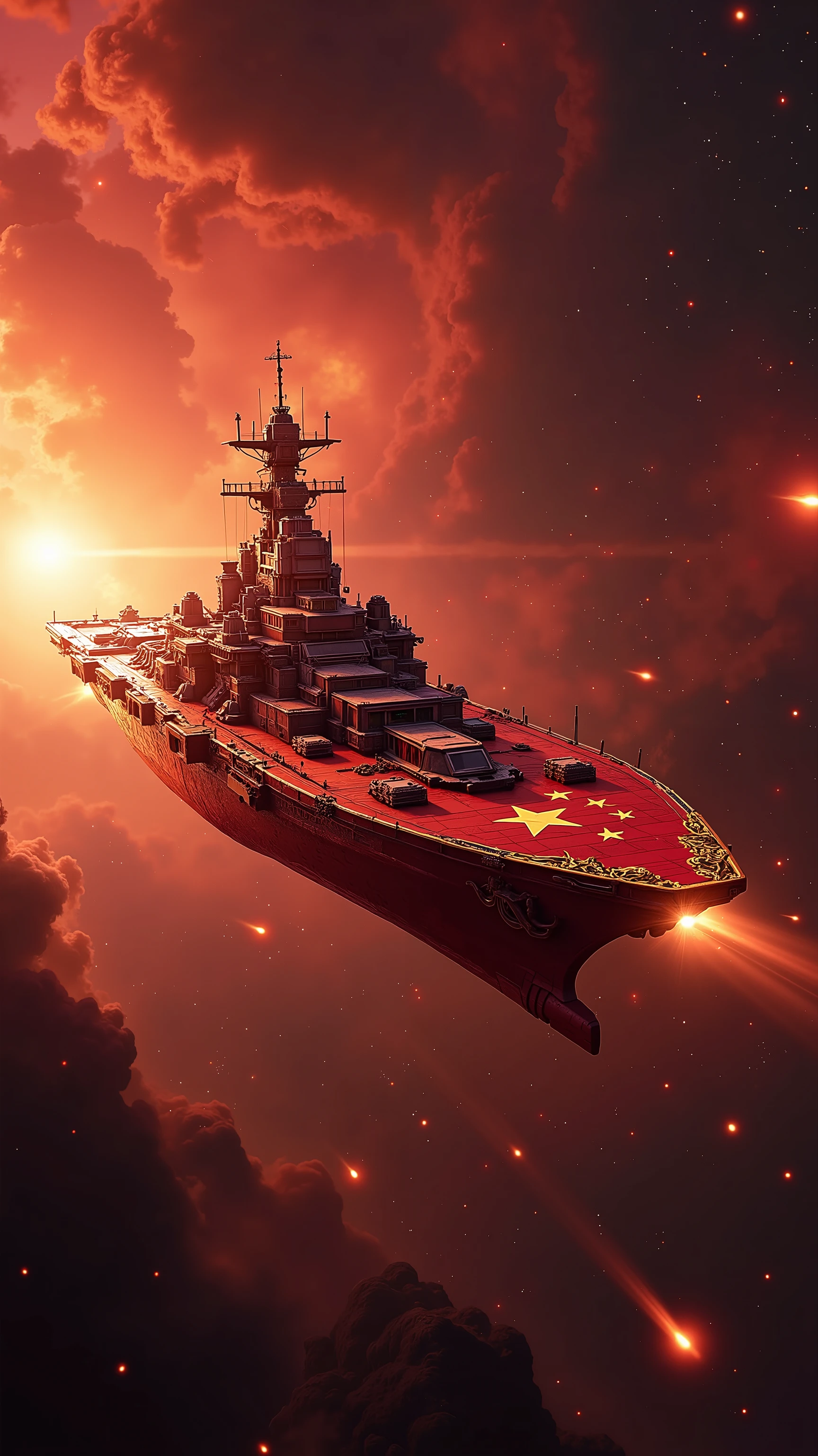 A massive Chinese star fortress drifts through a crimson-tinged nebula, its hull painted deep red with glowing gold stars—faithfully depicting the national flag. A golden dragon crest runs along the side, emitting a faint shimmer. Behind it, a swirling orange and red galactic storm lights up the cosmos, while meteors slice across the darkness in slow motion.