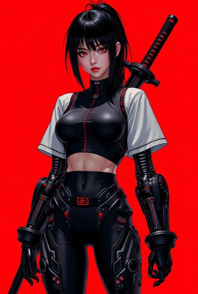 Mijinga, Ichiro Tsuruta, 1 girl, solo, lips, makeup, lipstick, red lips, black mech set, minimalism, gun, bright red background, simple background, fisheye, masterpiece, top quality, best quality, official art, beauty and aesthetics, illustration, sexy, raise ass,
