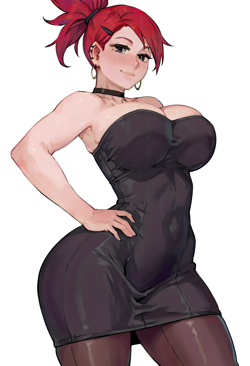 (masterpiece, best quality:1.3), Aosora, 1girl, solo, looking at viewer, wide hips, mature female, closed mouth, simple background, seductive smile, large breasts, dynamic pose, (full body:1.2), thick thighs, <lora:Aosora Style Lora:.9>, shermiems, hair over eyes, <lora:Shermie:.8>