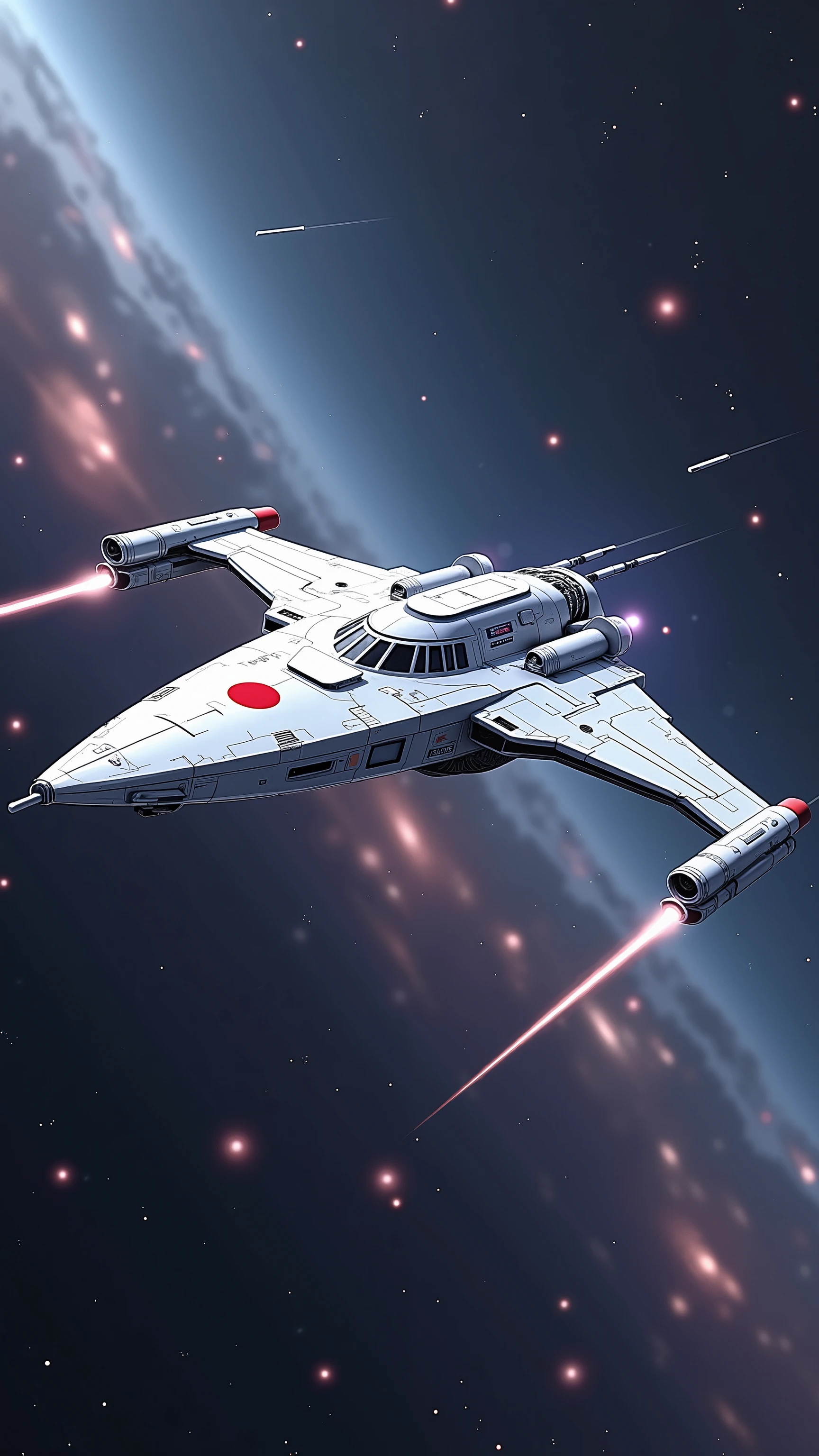 A minimalist Japanese space cruiser glides gracefully through a calm, starlit galaxy. Its pure white body features a large glowing red circle representing the Hinomaru. Floating through a soft blue and pink nebula, the ship is trailed by delicate cherry blossom-shaped energy flares. Shooting stars cross the background as if bowing to the ship’s silent precision.