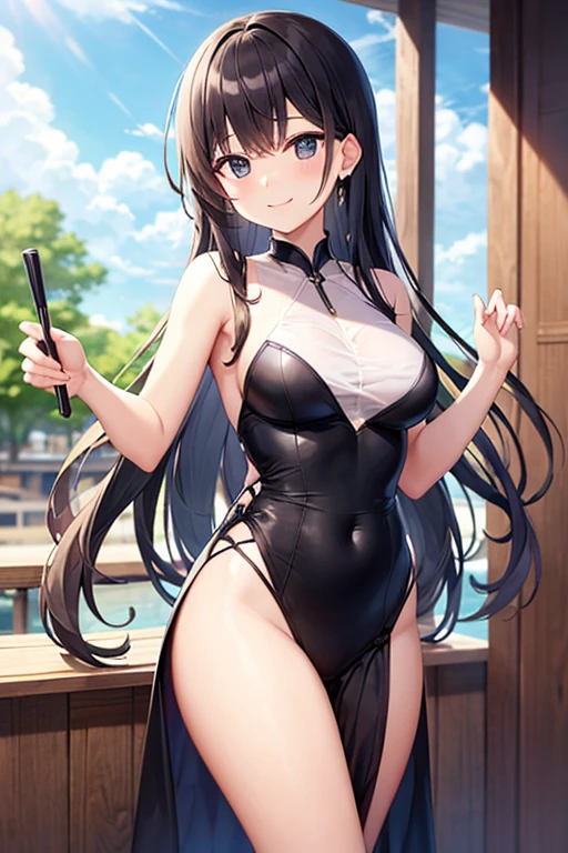 A young girl,浅蓝色lewd eyes,soothing,brunette color hair,lewd eyes,of pupils,self-assured,Skinny one-piece swimsuit,sheep horns,adolable,Beautiful outstanding,ssmile,人物,artwork of a,Pubic area is clear