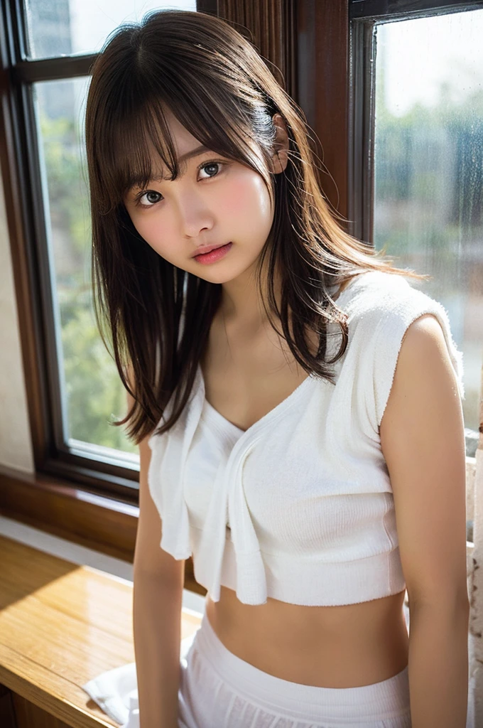 (8k, RAW Photos, highest quality, masterpiece: 1.2), (Realistic, photoRealistic: 1.37), Super Detail, Ultra-high resolution, One Girl, Beholder, Beautifully detailed face, smile, narrow, (Narrow waist): 1.3),A very thin, tight shirt, Beautifully detailed skin, Skin Texture,Fresh skin,Smooth skin, Wet Skin,Floating Hair, Professional Lighting, Big Breasts,((The shape of the breasts is very clear:2.0)),(((very long nipples:1.5. I can see it clearly))), Kind eyes,((((A very thin, tight, white sleeveless top, Peering:1.5)))),sexy