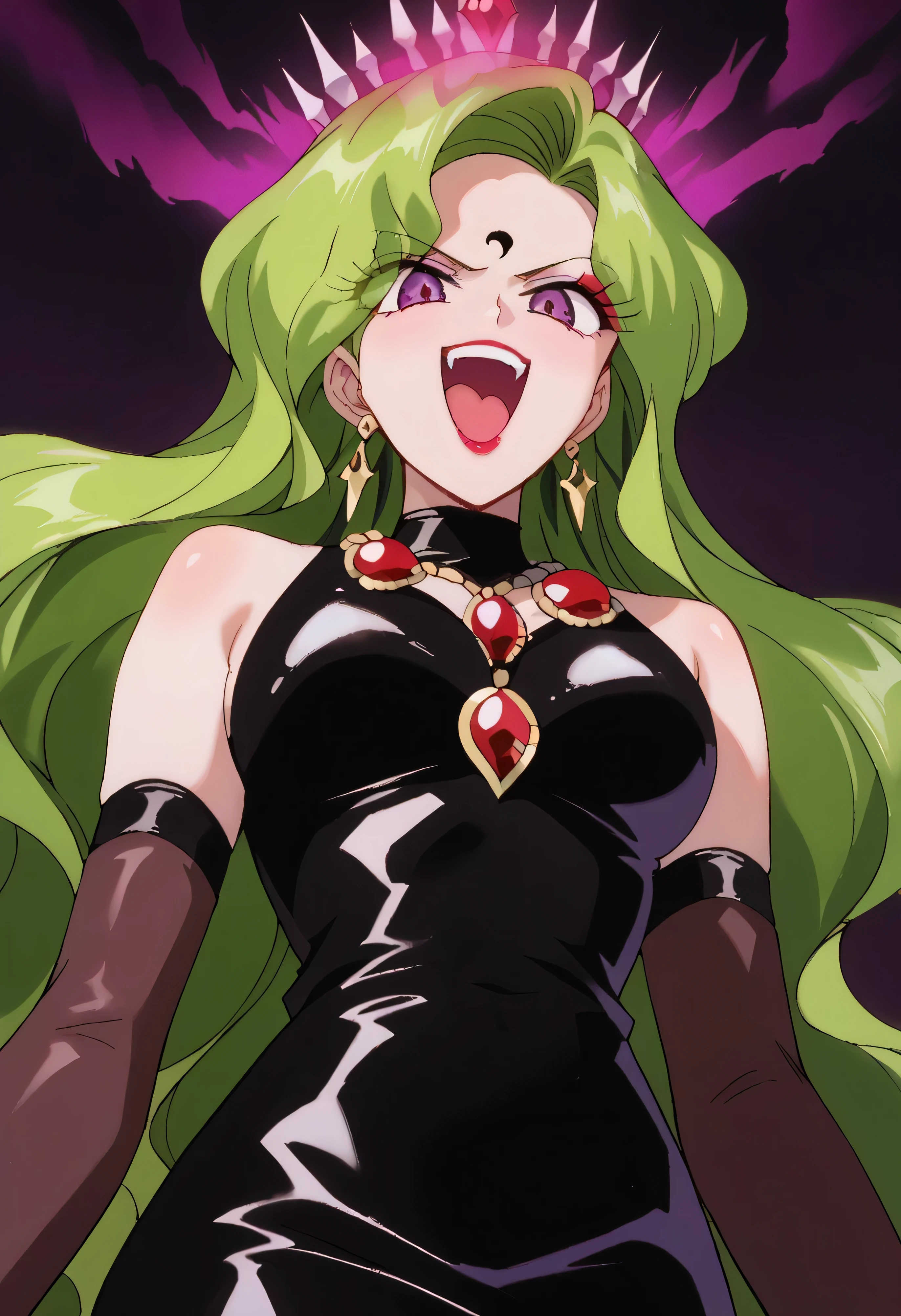 1 woman, beautiful face above the castle gate, green hair, very long hair, wavy hair with a graceful expression, LATEX ONLY , latex gloves, red lipstick, makeup, elbow-length gloves, eyeshadow, bare shoulder,shiny latex black dress, gemstone necklace that crosses the see-through,Pile of purple crystals,earrings, Black fog background , (dark aura:1.9),   go up and open your mouth wide  ,、Self-conceit,from below,Looking Down at Viewers,(evil laugh:1.7),Anime Coloring,The black crescent moon on the forehead,